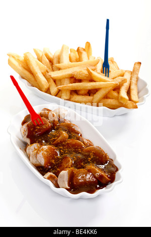 Currywurst mit Pommes frites Stockfoto