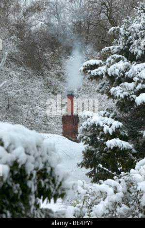 Rauchen-Schornstein auf Reetdachhaus im Schnee bedeckt Wald Stockfoto