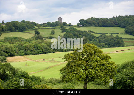 Ein Blick auf Nelsons Tower vom großen Gewächshaus, National Botanic Garden of Wales, Llanarthne, Carmarthen, Carmarthenshire Stockfoto