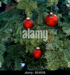 Drei rote Weihnachtskugeln Stockfoto