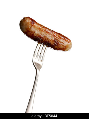 Gekochte Wurst auf Gabelzinkenknebel Stockfoto