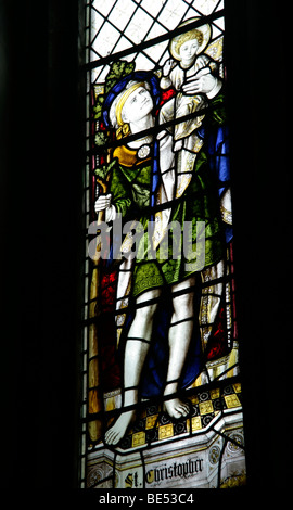 Buntglas-Fenster Darstellung St Christopher tragen Jesus über den Fluss, Hough auf dem Hügel, Lincolnshire Stockfoto