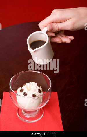 Schokolade und Espresso Kaffee sauce gegossen über ein Eis-Dessert mit Kaffee Bohnen an der Spitze. Sprechen Sie über ein Muntermacher! Stockfoto