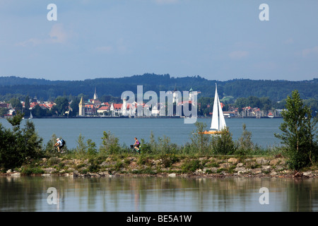 Blick von der Rhein-Mündung in Fussach über den Bodensee nach Lindau in Bayern, Deutschland, aus Vorarlberg, Österreich, Europa Stockfoto