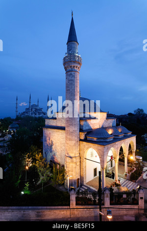 Firuz Aga Moschee, Blick auf die blaue Moschee, Sultan Ahmed Camii, Dämmerung, Sultanahmet-Platz, Istanbul, Türkei Stockfoto