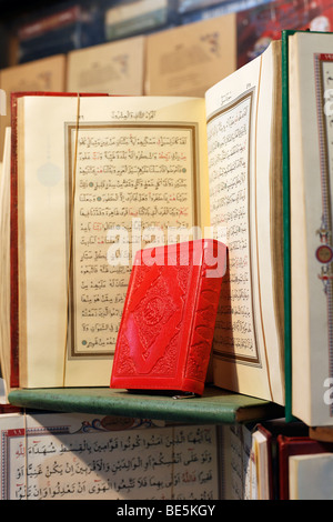 Kleine rote Büchlein, gedrückt, vor geöffneten Koran, arabische Schrift, Bücherbasar, Beyazit, Istanbul, Türkei Stockfoto