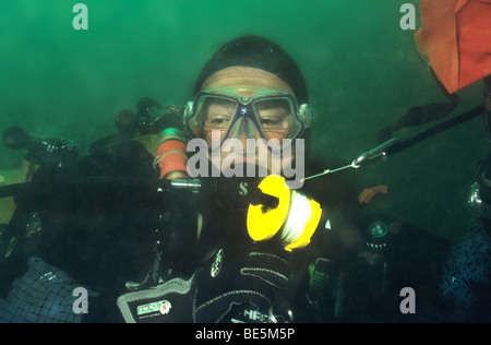 Tauchen die Farne Islands. Northumberland UK Taucher bläst seine Signalboje. Stockfoto