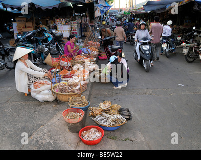 Frau verkauft getrocknete Fische sitzen auf dem Boden, Straße Markt, Vinh Longh, Mekong-Delta, Vietnam, Asien Stockfoto