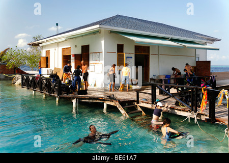 Tauchen Shop mit Taucher, Vadoo, Insel, Süd Male Atoll, Malediven, Archipel, Indischer Ozean, Asien Stockfoto