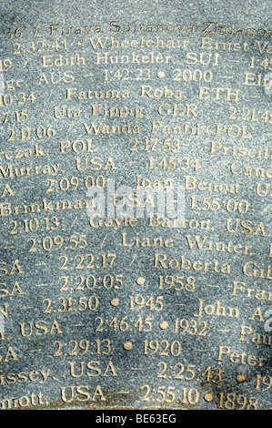 Bestandteil einer Granitplatte am Copley Square am Ziel des zeigen der eingravierten Namen aller Gewinner des Boston-Marathon der Stockfoto