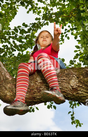 Kleines Mädchen kletterte auf den Baum und sitzend auf Ast Stockfoto