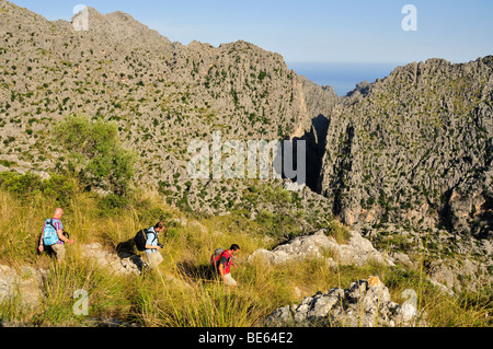 Wanderer auf einem Weg zum Torrente de Pareis Schlucht, eine der besten Wandergebiete von Mallorca, Tramuntana-Gebirge, Stockfoto