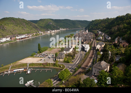 Blick von Burg Burg Rheinfels über St. Goar, Rhein-Hunsrueck-Kreis, Rheinland-Pfalz, Deutschland, Europa Stockfoto