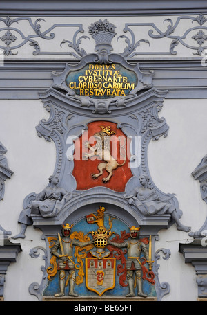 Historische Altstadt, close-up Wappen am Rathaus und Magistrat, Budweis oder böhmischen Budweiser Budvar, Böhmen, Cz Stockfoto