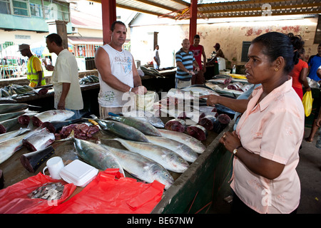 Die lebhaften Fischmarkt Sir Selwyn Clarke Market auf der Market Street, Victoria, Mahé, Seychellen, Indischer Ozean, Afrika Stockfoto