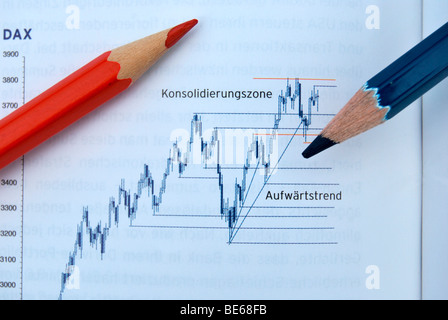 Wirtschaftskrise und Boom, Diagramm, deutsche Aktienindex DAX mit Stiften Stockfoto