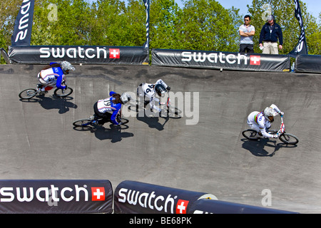 Vier Rennen Konkurrenten beim BMX Supercross World Cup in Kopenhagen, Dänemark, Europa Stockfoto