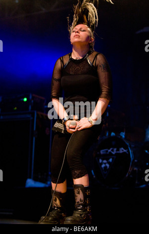 Mascha, Frontfrau und Sängerin der italienischen Nu-Metal / Crossover Band Exilia, live bei der Soundcheck, Open Air Festival in Se Stockfoto