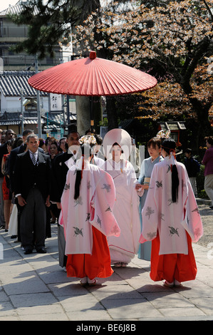 Hochzeit in traditionellen Kimonos, Haar bedeckt, Shinto Hochzeit in den Yasaka Schrein, Maruyama-Park, Kyoto, Japan, Asien Stockfoto