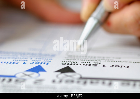 Hand hält einen Stift, Stimmzettel, Bundestagswahl 2009, Briefwahl Stockfoto
