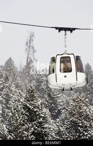 Seilbahn vorbei an verschneiten Bäumen bewegen Stockfoto