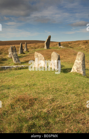 Scorhill alten Steinkreis im Spätsommer Dartmoor, Devon, England, UK Stockfoto