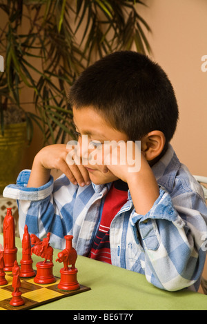 7-8 Jahre alten Hispanic junge lernen, Schach zu spielen. Herr © Myrleen Pearson Stockfoto