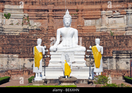 Buddha-Statue, große Chedi Chaya Mongkol, Wat Yai Chai Mongkon, Ayutthaya, Thailand, Asien Stockfoto