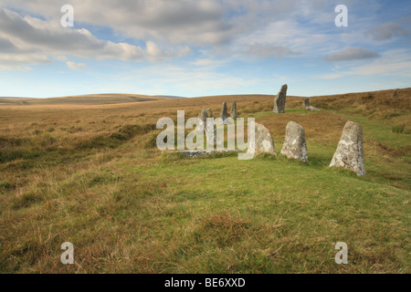 Scorhill alten Steinkreis im Spätsommer Dartmoor, Devon, England, UK Stockfoto