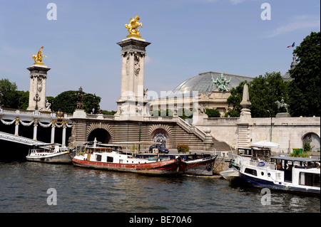 Bateau-Mouche auf der Seine, Brücke Alexandre III und den Grand Palais, Paris, Frankreich Stockfoto