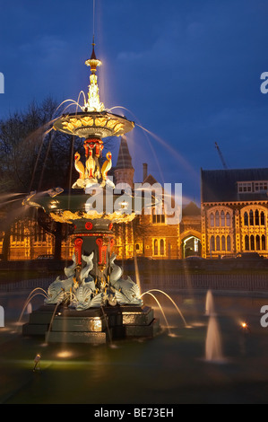 Pfau-Brunnen, botanischen Gärten und Arts Centre bei Nacht, Christchurch, Canterbury, Südinsel, Neuseeland Stockfoto