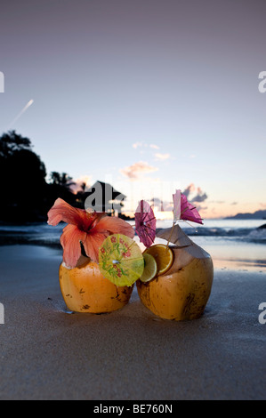 Zwei Kokosnüsse mit Cocktails und Dekorationen stehen in den Sand bei Sonnenuntergang, in den Rücken der Sunset Beach Hotel, Seychellen, Ind Stockfoto