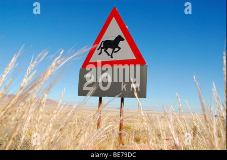 Schild Warnung vor der Kreuzung der wilden Pferde bei Garub, Namibia, Afrika Stockfoto