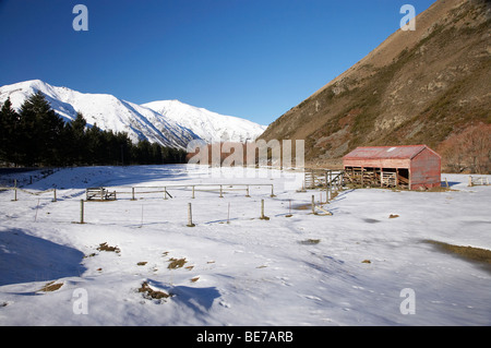 Altes landwirtschaftliches Gebäude im Winter, Hakatere Station, Hakatere Conservation Park, Mitte Canterbury, Südinsel, Neuseeland Stockfoto