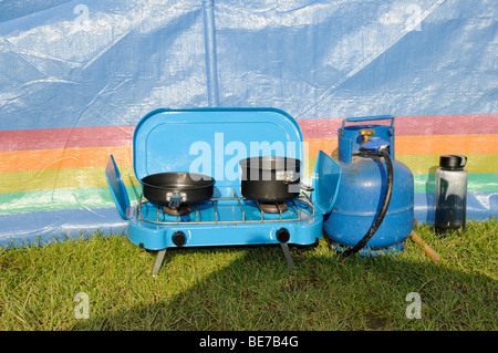 Küche Herd und gas - Camping im Lake District auf einen Aufenthalt-Kation, Cumbria. Vereinigtes Königreich. Stockfoto