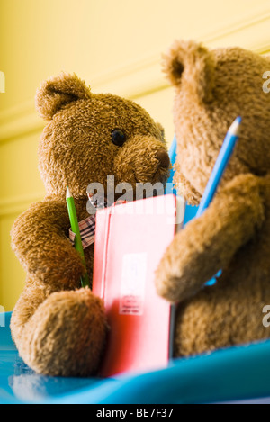 Teddybären platziert von Angesicht zu Angesicht mit Farbstiften und Buch Stockfoto