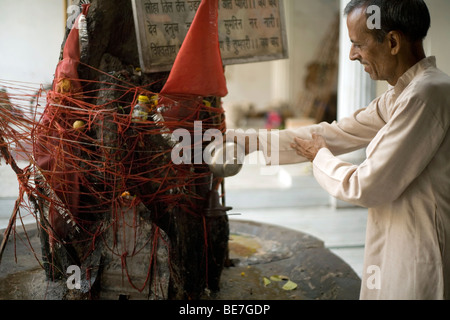 Ein Mann macht eine Opfergabe an die Götter auf einem Baum-Schrein in einem hinduistischen Tempel Janakpuri, New Delhi, Indien Stockfoto