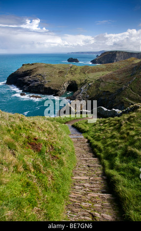 Die zerklüftete Küste bei Tintagel in Cornwall, England, Vereinigtes Königreich, betrachtet von den angeblichen Ruinen von König Arthurs Burg Camelot. Stockfoto