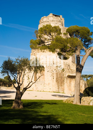 La Tour Magne, "der Große Turm', einer zerstörten romanischen Turm auf dem Mont Cavalier, mit Blick auf die Stadt Nîmes, Frankreich. Stockfoto