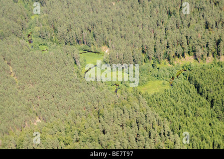 Luftaufnahme des kleinen Flusses Mäander durch großen Wald massiv in zentrale Vidzeme, Lettland Stockfoto