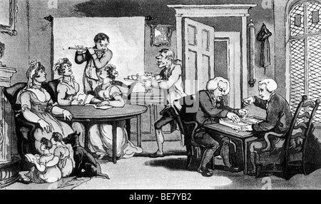 VICAR OF WAKEFIELD - Beispiel für einen geselligen Abend von Rowlandson für die 1776 Erstausgabe des Romans von Oliver Goldsmith Stockfoto