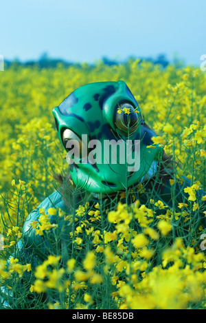 Person mit Frosch Maske im Bereich der Wildblumen Stockfoto