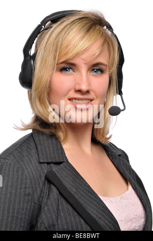 Junge Mitarbeiter des Kundendienstes Lächeln auf den Lippen tragen Kopfhörer Stockfoto