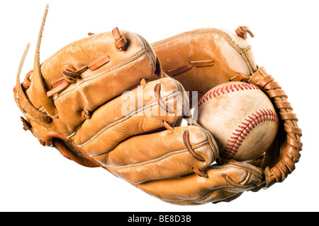 Baseball in Mitt isoliert auf weißem Hintergrund Stockfoto