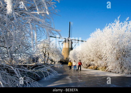 Schaatsers Schaatsen Langs de Molens van Kinderdijk; Eisläufer Skate entlang der Windmühlen von Kinderdijk Stockfoto