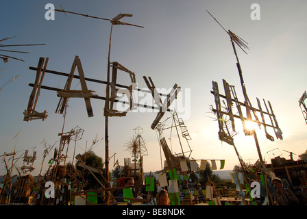 Holzskulpturen und Installation in Form von Vögel und Windkraftanlagen auf der Elbwiese Wiese für das Weinfest Radebeul Stockfoto