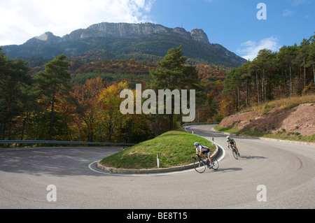 Fahrrad Racers in einer Kurve auf der Mendel pass oberhalb von Kaltern, Südtirol, Italien, Europa Stockfoto