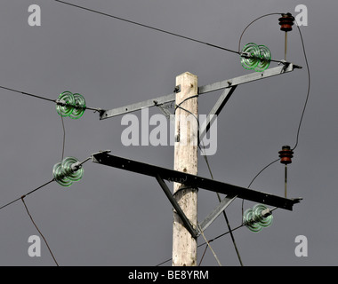 Obenliegende Elektrizität Stromkabel Speisung von Sutherland, Schottland. Stockfoto