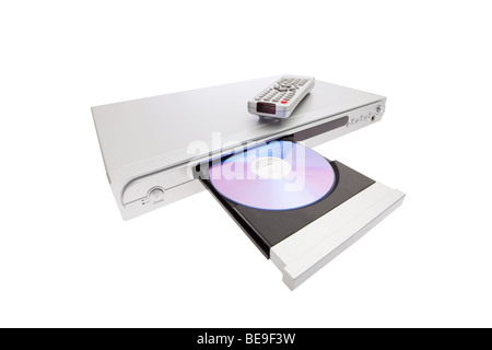 DVD-Player auswerfen CD mit Fernbedienung isoliert auf weißem Hintergrund. Öffnen Sie Fach Laufwerk Blu-Ray cd kompakt Ausschnitt ausschneiden Stockfoto