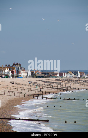 Häuser am Strand, Pevensey Bay, East Sussex, UK Stockfoto